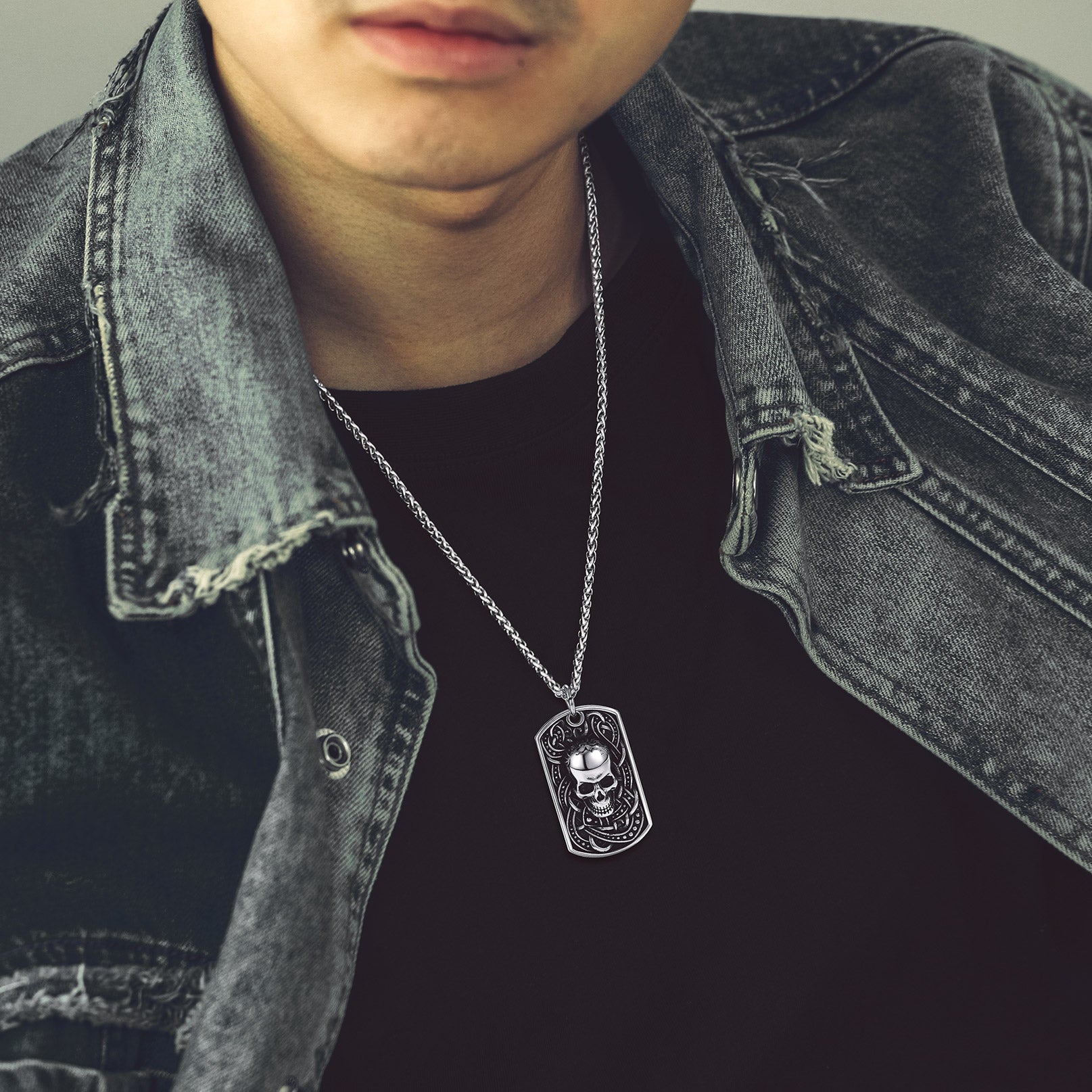 Gothic Skull Dog Tag Pendant Necklace For Men