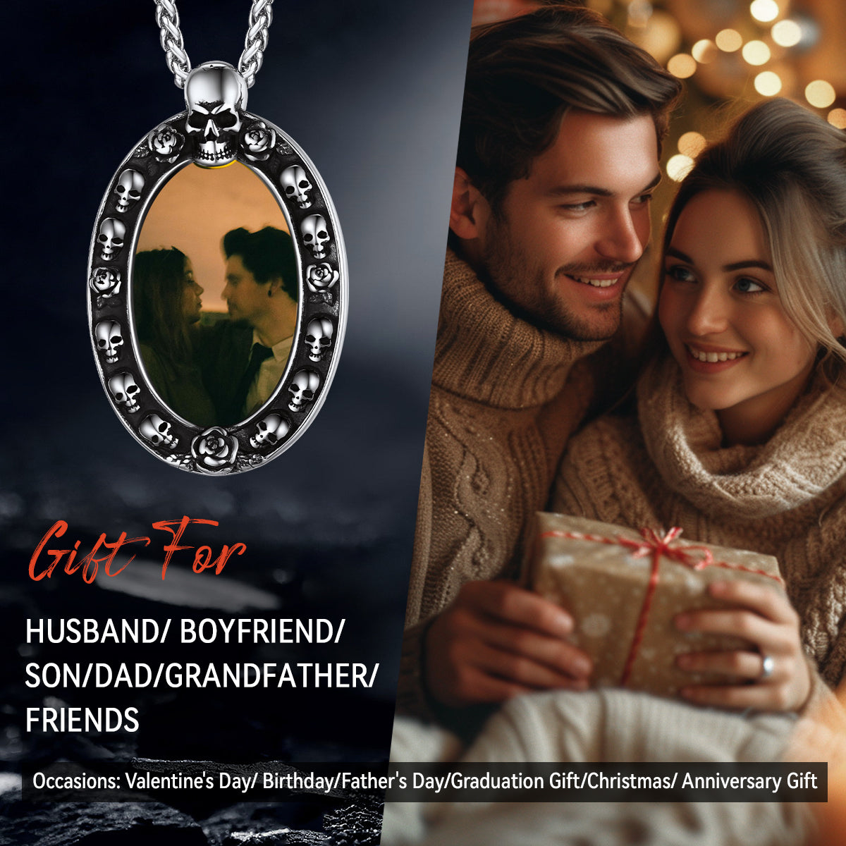 Personalized Photo Pendant Necklace with Skull for Men Women
